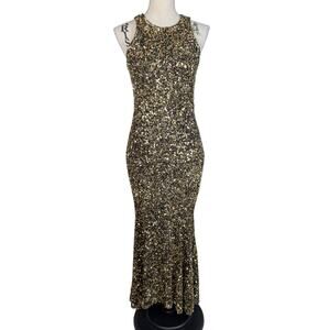 Theia Gold Sequin Gown Size 4 Black Gold Sleeveless Mermaid Maxi Dress